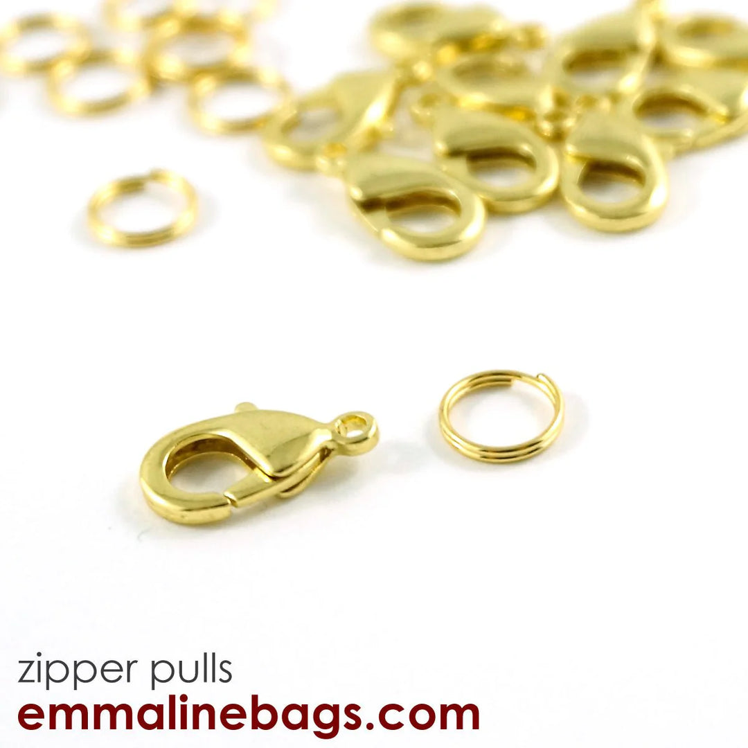 Emmaline Lobster Hooks and Split Rings for Zipper Pulls: 10 pack in Gold Finish