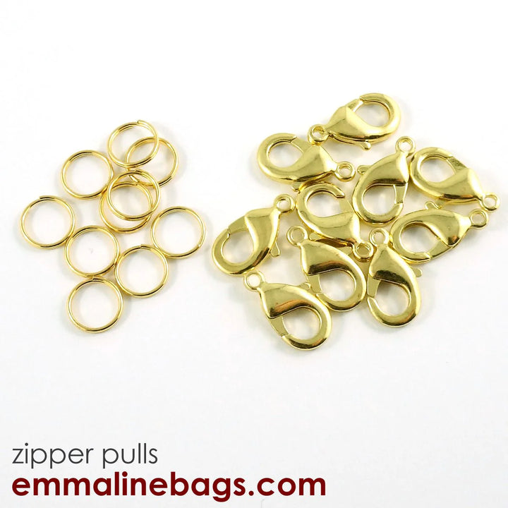 Emmaline Lobster Hooks and Split Rings for Zipper Pulls: 10 pack in Gold Finish
