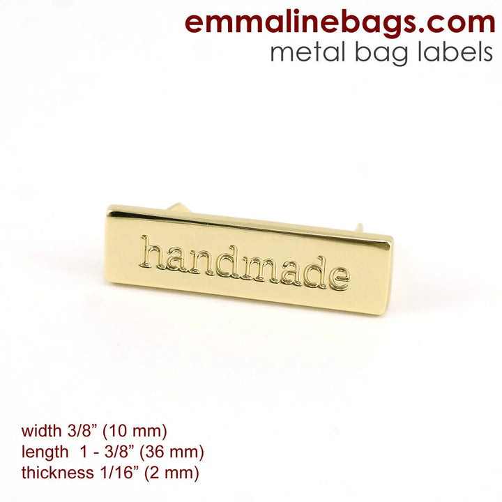 Emmaline  Rectangle Metal Bag Label - 'handmade" in Gold Finish